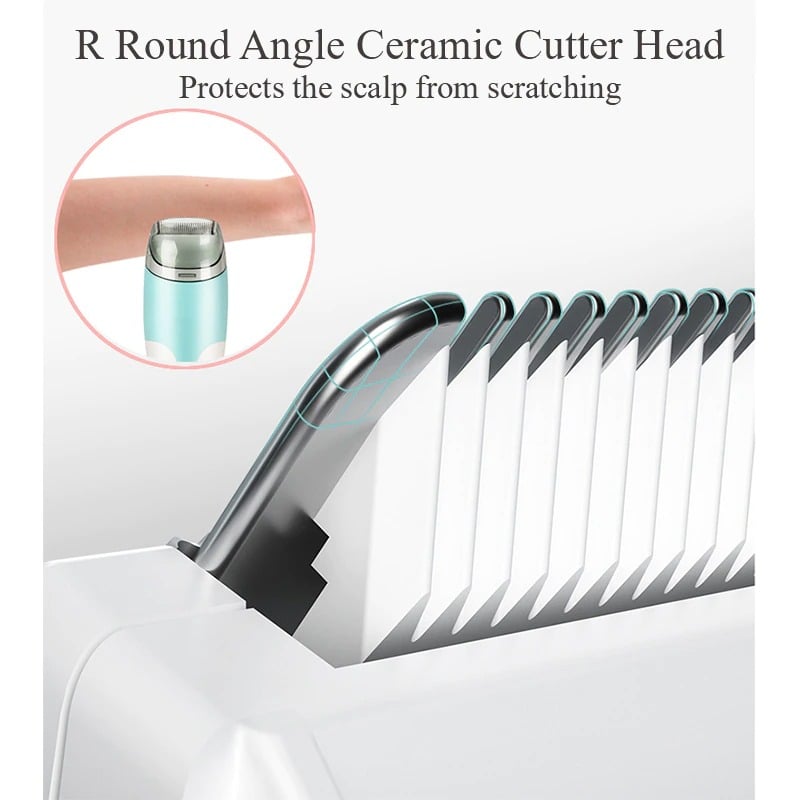Safe & cordless baby hair trimmer in action, gently trimming delicate baby hair.  Perfect for newborns & toddlers. Easy & precise grooming.