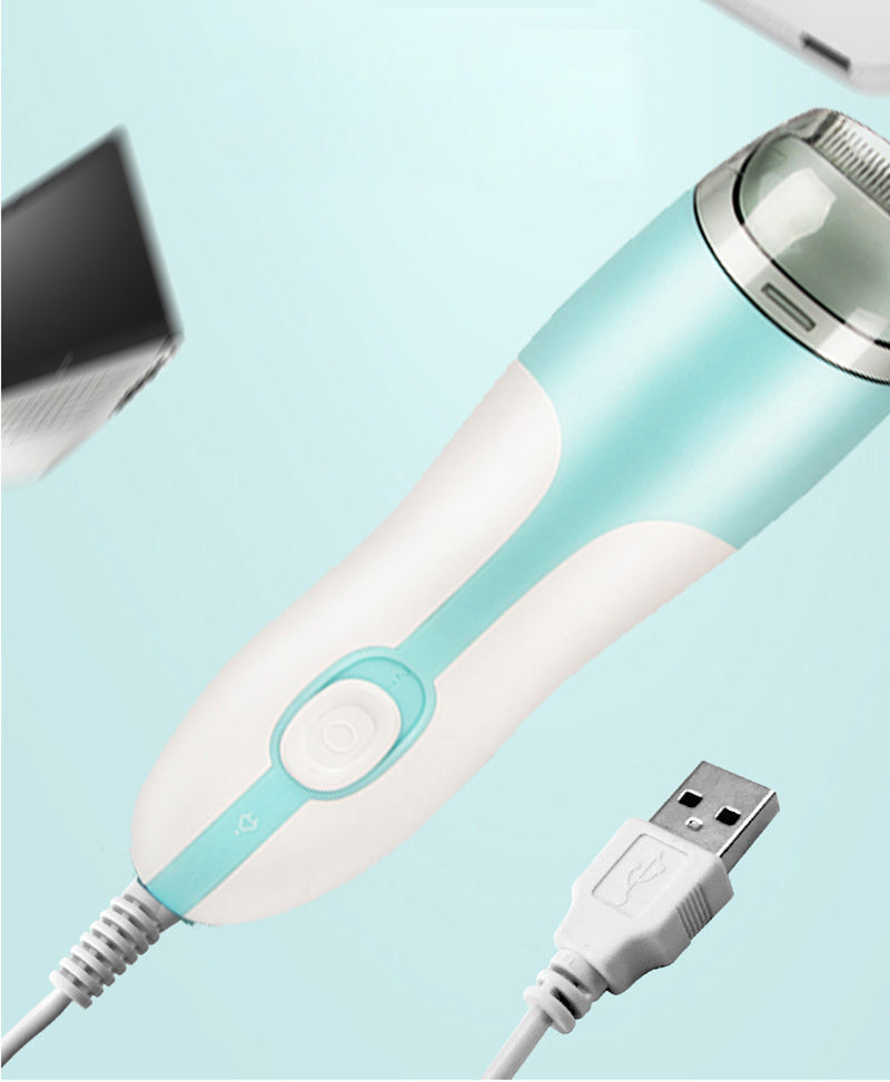 Safe & cordless baby hair trimmer in action, gently trimming baby's soft hair.  Perfect for newborns and toddlers.