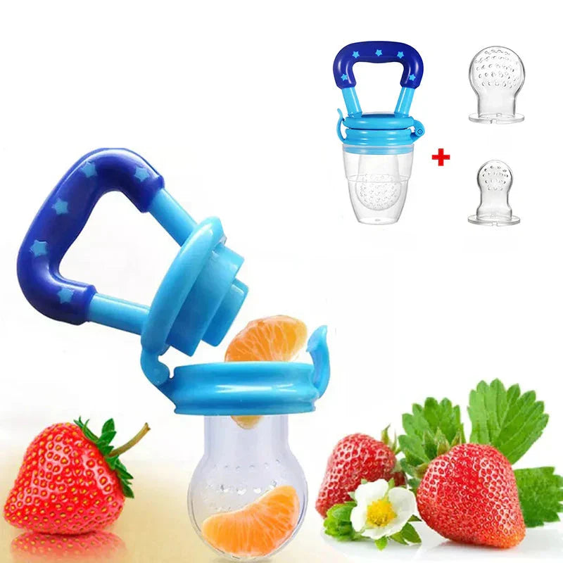 Baby happily gnawing on a colorful fruit-shaped teether pacifier.  Soothing relief for teething gums.