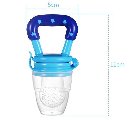 Adorable baby happily using a fruit-shaped teether pacifier.  Soothing flavors for teething relief.  Baby teether, pacifier.