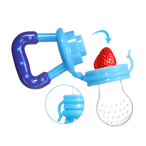 Adorable baby using our fruit-flavored teether pacifier.  Soothing relief for teething gums.  Safe & delicious!