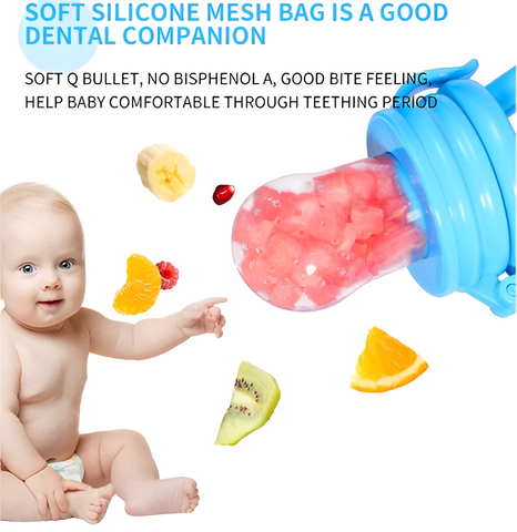 Adorable baby using soothing fruit flavored teether pacifier.  Natural rubber, safe & delicious for teething relief.