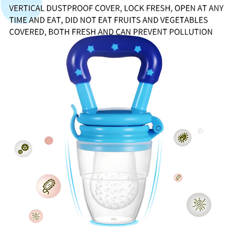Adorable baby using soothing fruit-flavored teether pacifier.  Safe, natural materials.  Perfect for teething relief.