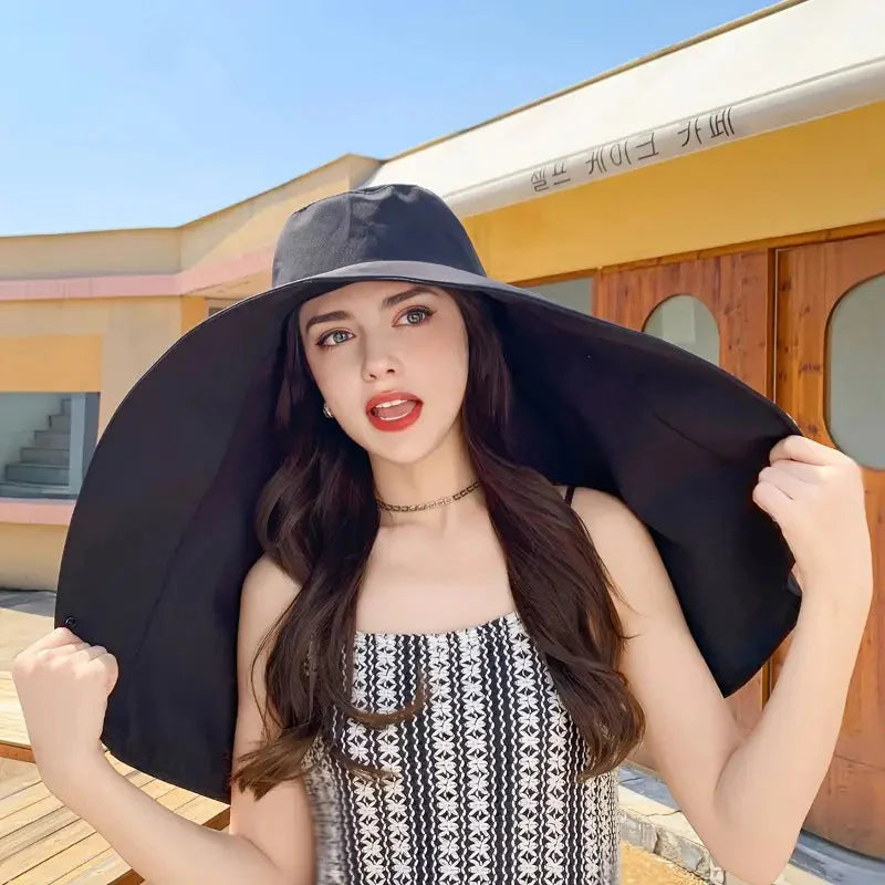 Elegant Wide Brim Sun Protection Shawl Hat for Women-CQA9417468477736-Black-564575 CQA9417468477736