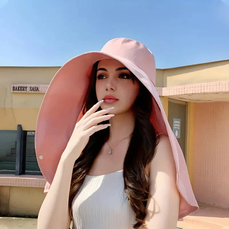 Elegant Wide Brim Sun Protection Shawl Hat for Women-CQA9417468477736-Pink-564575 CQA9417468477736