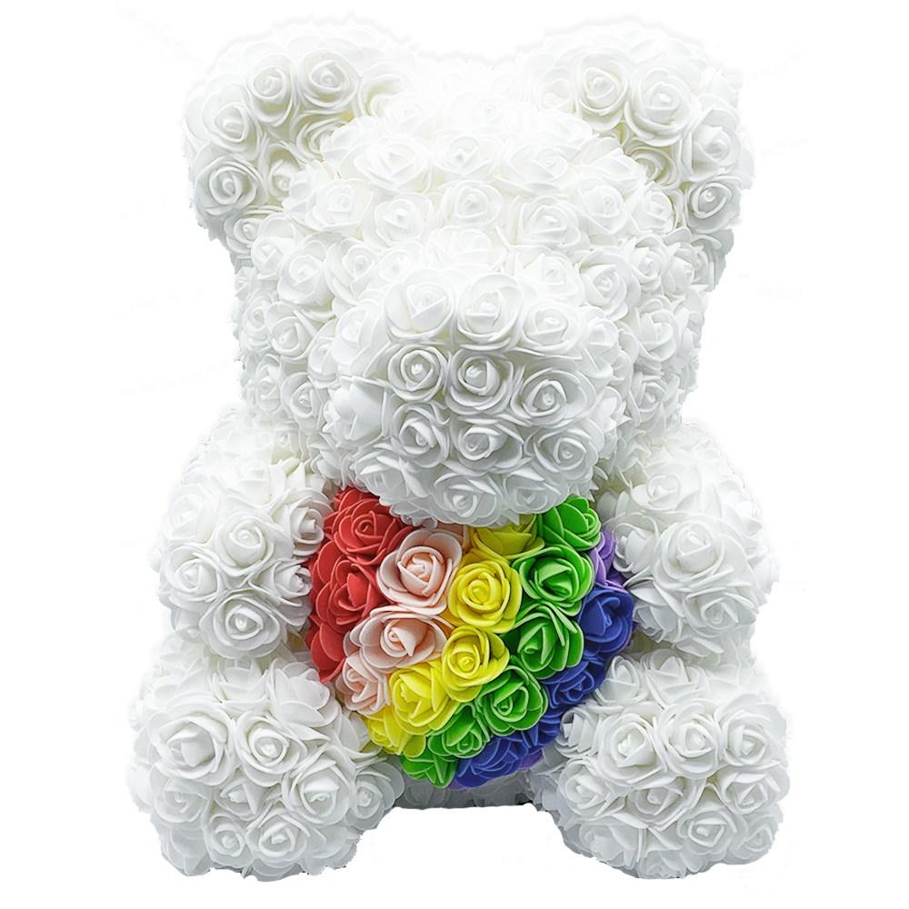 Eternal Love Rose Flower Valentine's Teddy Bear Gift 10"-CQA9417504162088-White w/ Rainbow Heart-564575 CQA9417504162088