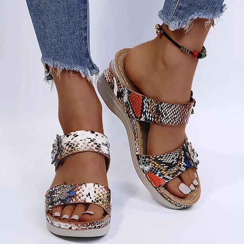 Leopard / Snake Print Orthopedic Leather Wedge Soft Sole Sandals-564575 
