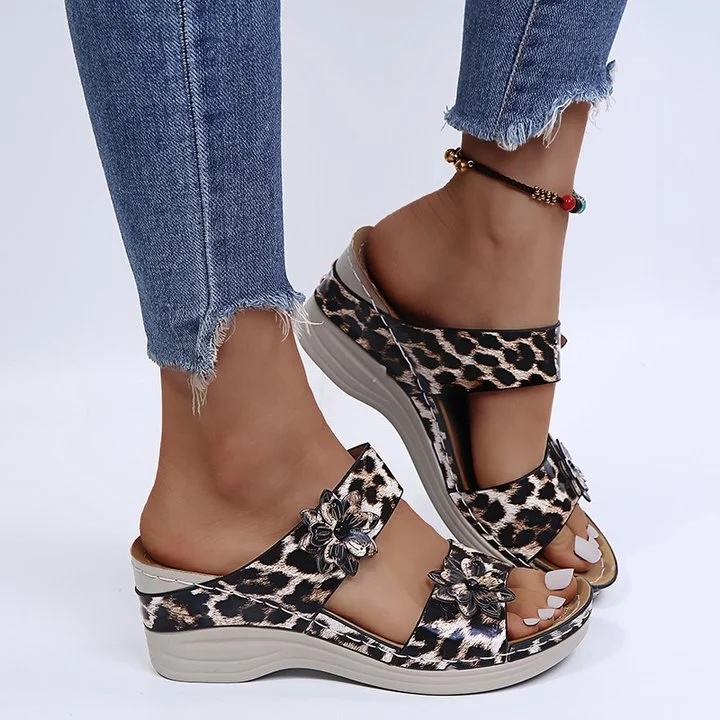 Leopard / Snake Print Orthopedic Leather Wedge Soft Sole Sandals-564575 