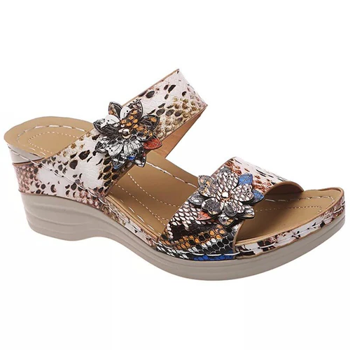 Leopard / Snake Print Orthopedic Leather Wedge Soft Sole Sandals-CQA9417479323944-Snake Skin-5.5 US (8.86 Inch)-564575 CQA9417479323944