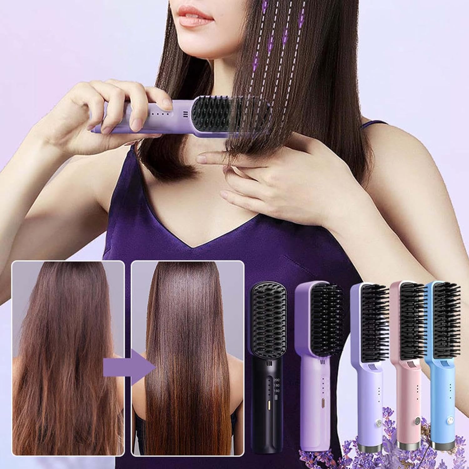 Rechargeable Frizz Away Hair Smoothing Comb-CQA9417483485480-Purple-564575 CQA9417483485480