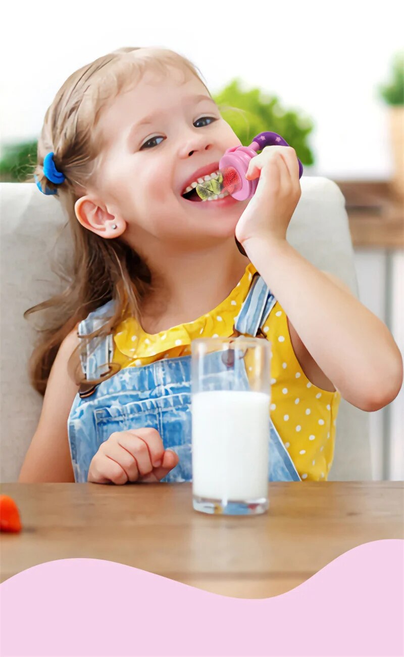 Adorable baby happily using a fruit-shaped teether pacifier, soothing natural flavors, safe silicone.