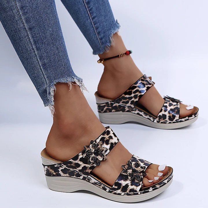 Donrams - Leopard / Snake Print Orthopedic Leather Wedge Soft Sole Sandals