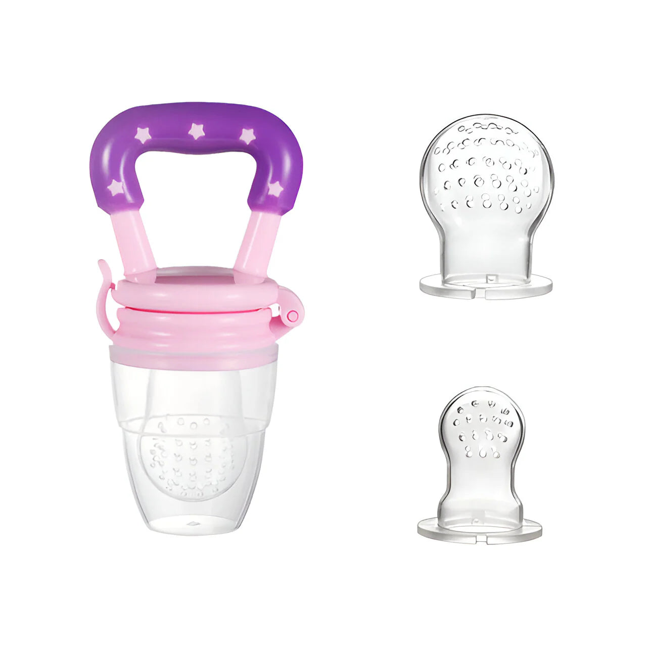 Adorable baby happily using the Baby Fruit Teether Pacifier. Soothing flavors for teething relief.  Natural materials, safe and fun!